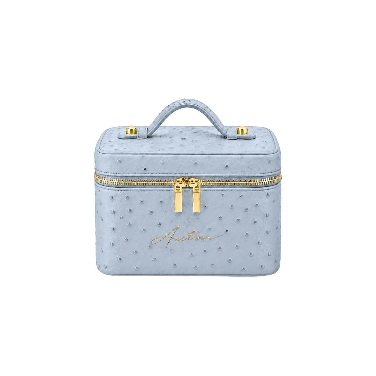 حقيبة مكياج (vanity) The Simple بنقشة جلد النعام Blue Raspberry من Aestina، شعار ذهبي، صورة 1