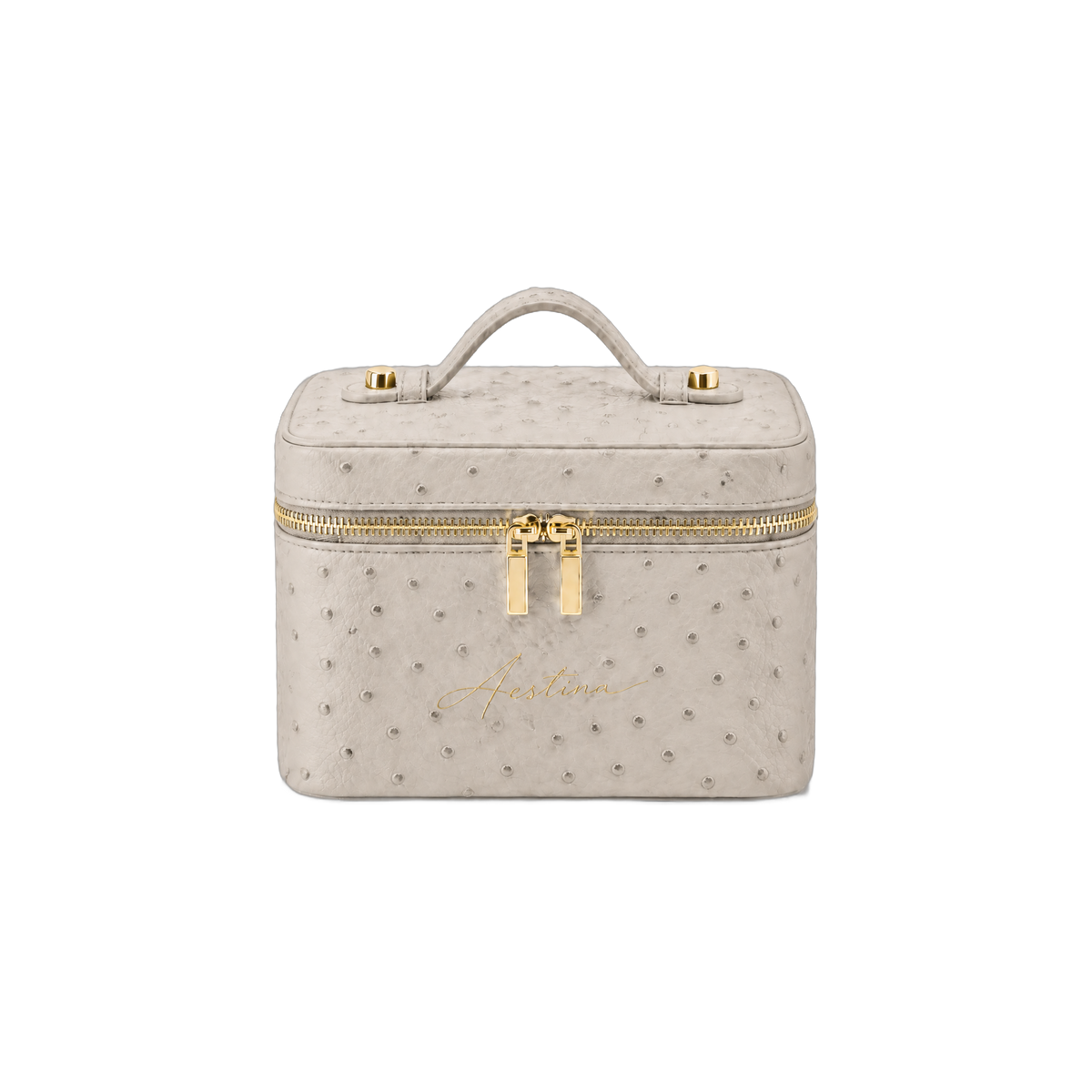 حقيبة مكياج (vanity) The Simple بنقشة جلد النعام Almond من Aestina، شعار ذهبي، صورة 1