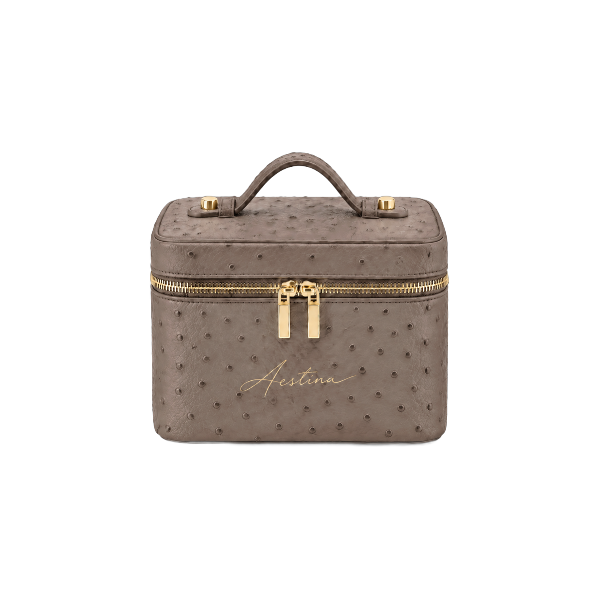 حقيبة مكياج (vanity) The Simple بنقشة جلد النعام Chestnut من Aestina، شعار ذهبي، صورة 1