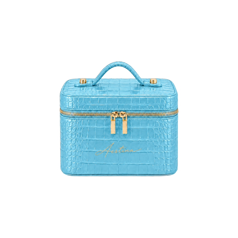 Beauty case The Simple Croco Blue Raspberry Aestina, logo dorato, foto 1