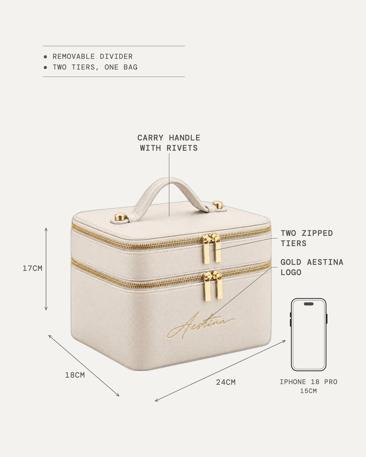 Dimensioni del beauty case The Duo: 24 × 18 × 17 cm, accanto a un iPhone