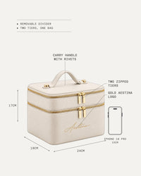 The Duo vanity case dimensions: 24 × 18 × 17 cm, next to an iPhone