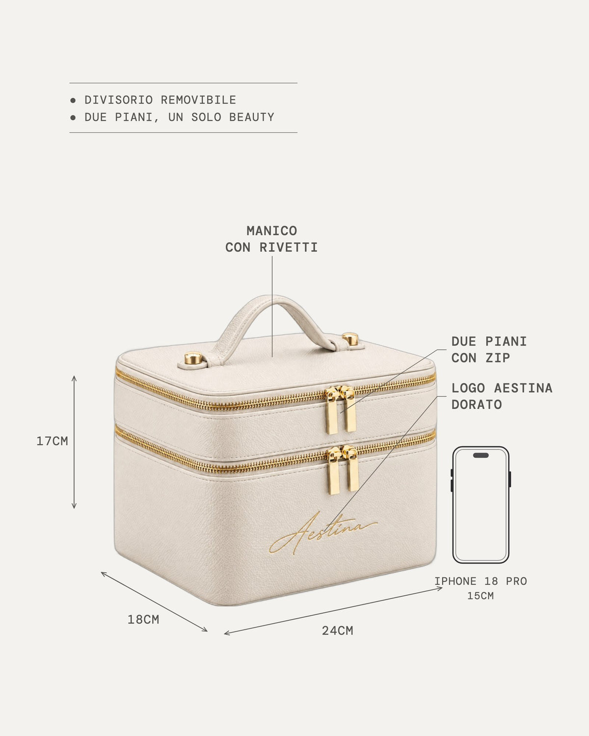 Dimensioni del beauty case The Duo: 24 × 18 × 17 cm, accanto a un iPhone