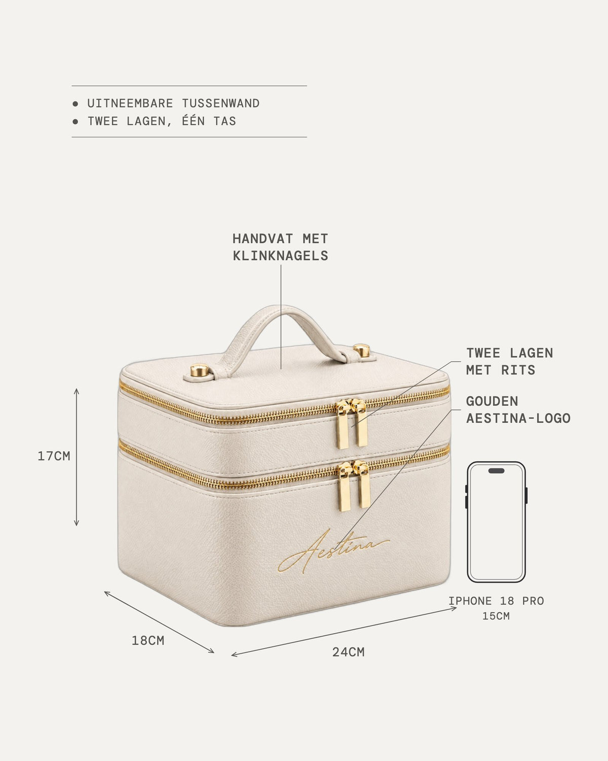 Afmetingen van de beautycase The Duo: 24 × 18 × 17 cm, naast een iPhone