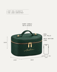 Dimensioni del beauty case The Oval: 20 × 13 × 18 cm, accanto a un iPhone