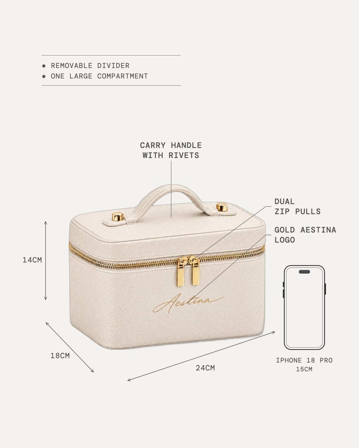Dimensioni del beauty case The Simple: 24 × 18 × 14 cm, accanto a un iPhone