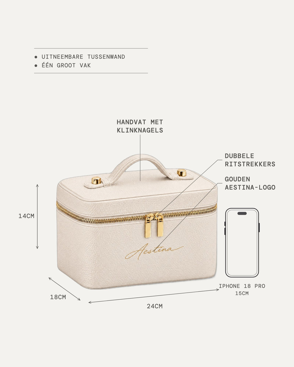 Afmetingen van de beautycase The Simple: 24 × 18 × 14 cm, naast een iPhone